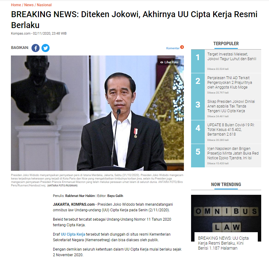 고용창출법(UU Cipta Kerja)이 2020년 11월 2일 자정이 다 되어 Joko Widodo 대통령의 서명 비준으로 공포된 속보