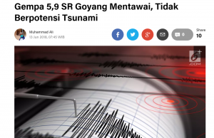 오늘새벽 서부 수마트라 먼타와이 해안에서 5.9지진 발생…쓰나미 경보없어