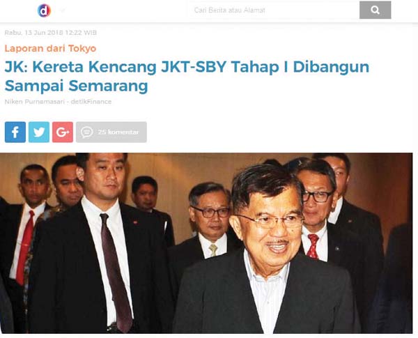Jusuf Kalla부통령은 “내년에 자카르타-스마랑 고속철도 프로젝트 건설이 시작될 것”이라고 말했다고 Detik.com이 보도하고 있다