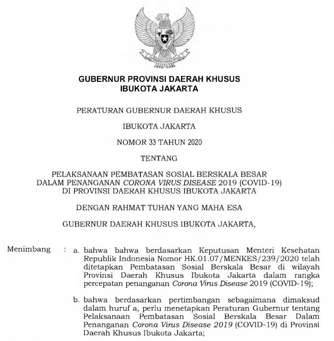 *전문* PSBB 시행에 관한 자카르타 특별주 주지사령 2020년 제33호