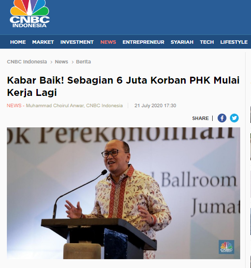 코로나19 경제위기로 해고된 근로자 600만명으로 추산된다고 인도네시아 상공회의소 로산 회장(Ketua Umum Kadin Indonesia Rosan P. Roeslani)은 지난 7월 21일 말했다.