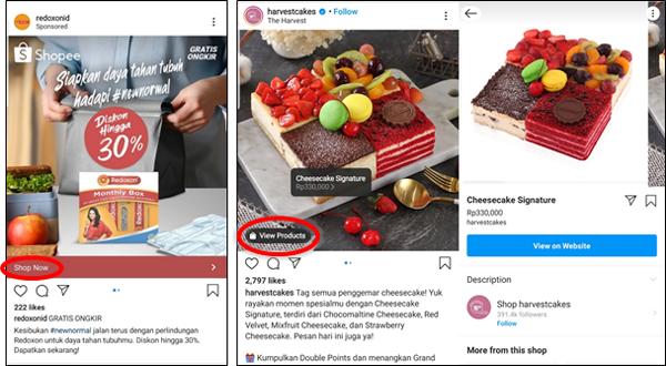 주 : 제품 구매를 위한 버튼이 있는 인스타그램 사진 광고 (왼쪽)와 제품 보기-클릭할 때 더 많은 정보를 표시하는 사진 광고 (오른쪽) 자료 : 인스타그램 인도네시아