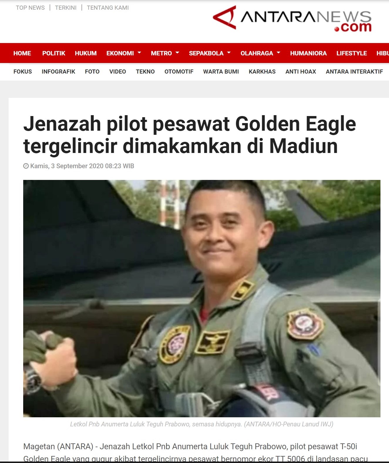 공군 조종사 Luluk 중령이 마그탄 공군기지에서 훈련기 이륙사고로  지난 9월 3일 사망했다고 현지 언론이 보도했다 