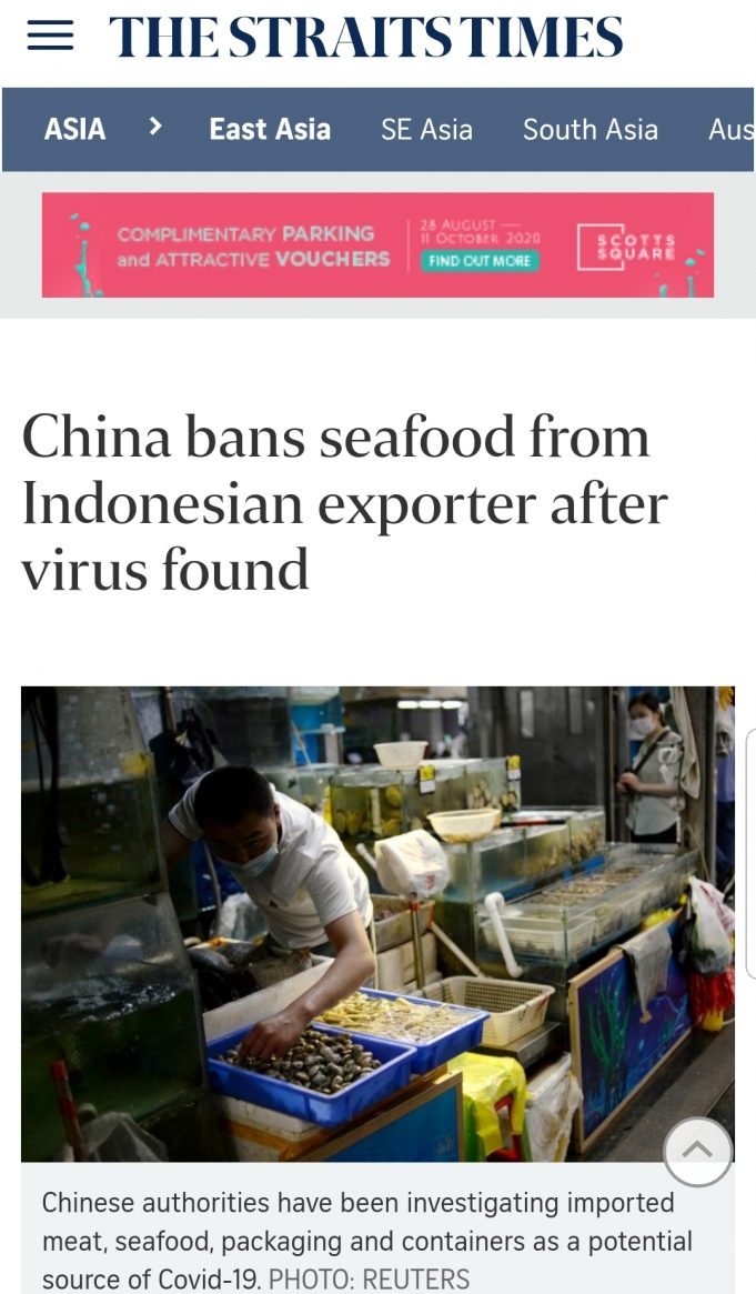 중국, 인도네시아 해산물 코로나19 발견으로 수입금지