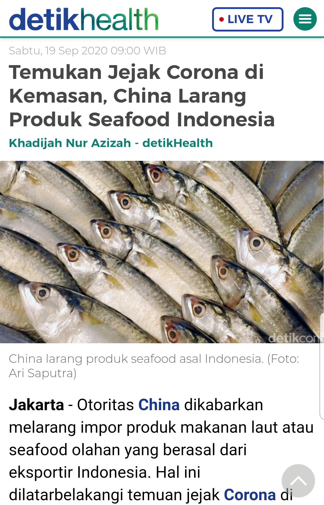 중국 세관 당국 인도네시아산 해산물 수입금지 보도