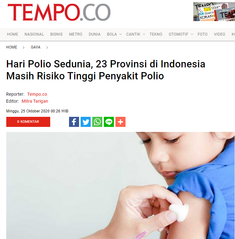 인도네시아언론은 소아마비 고위험 전염지역이 23개주에 이른다고 10월24일 보도하고 있다.