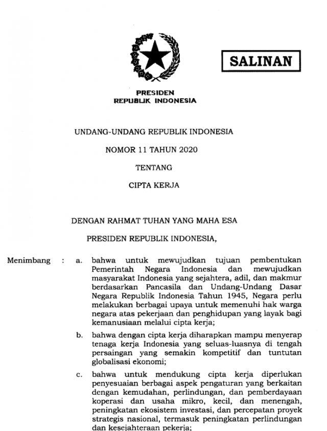 Joko Widodo 대통령의 서명 비준으로 공포된 2020년 헌법 제11호 고용창출법 (UU Cipta Kerja Nomor 11 Tahun 2020)
