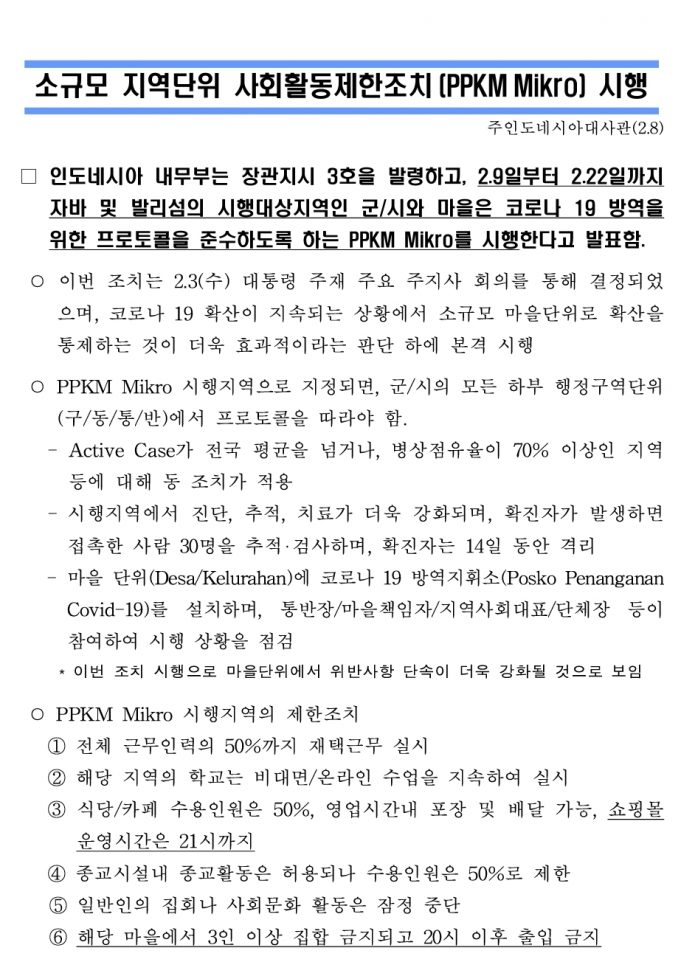 대사관-소규모 지역단위 사회활동제한조치(PPKM Mikro) 시행 안내