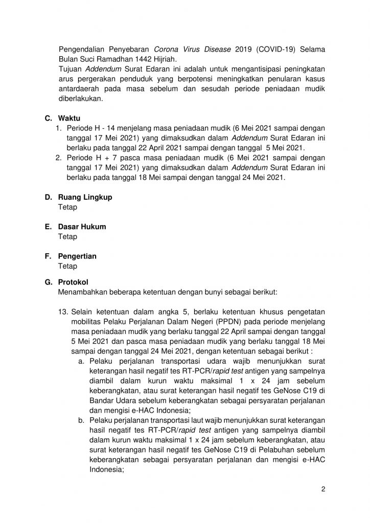 Addendum Surat Edaran KaSatgas No. 13 Tahun 2021 tentang Peniadaan Mudik Hari Raya Idul Fitri Tahun 1442H dan Upaya Pengendalian Penyebaran COVID-19 Selama Bulan Suci Ramadhan 1442H-2