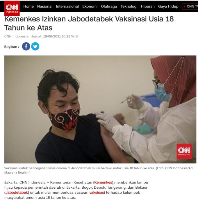 오늘부터 18세 이상 Jabodetabek 주민에게 백신 접종 허용