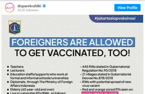 자카르타, 18세이상 외국인에게 정부백신 접종허용