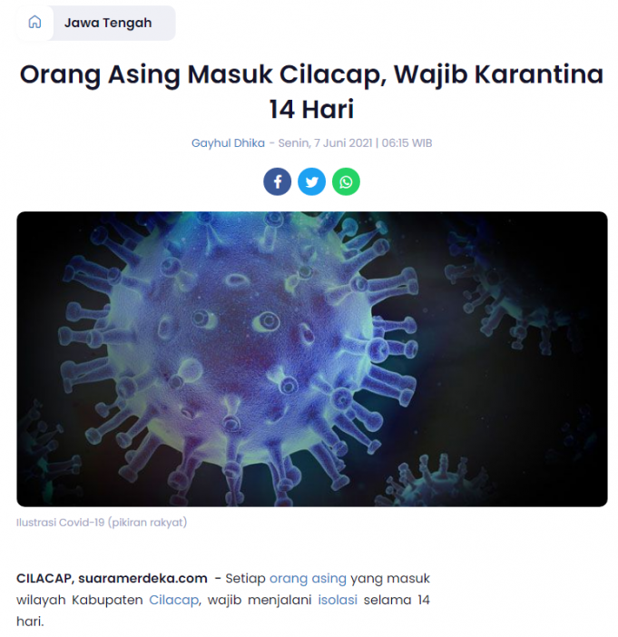 Cilacap 군, 모든 외국인 14일 동안 격리 조치