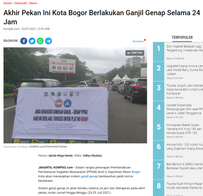 PPKM 4단계 보고르 시 7월 23일부터 25일까지 홀짝제 단속