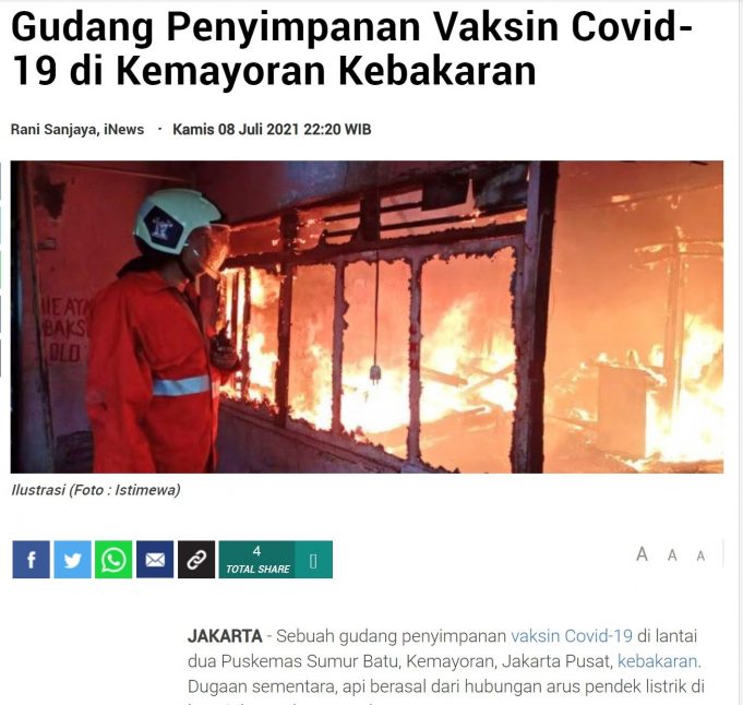 어젯밤 자카르타 보건국 창고 두 곳에서 화재 발생… 백신과 약 손실