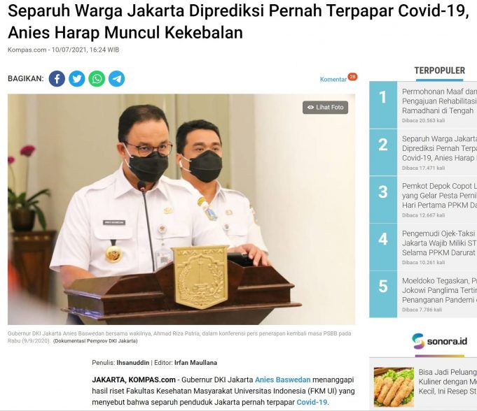 UI 의학부 “자카르타 주민 절반이 코로나19 바이러스 감염”