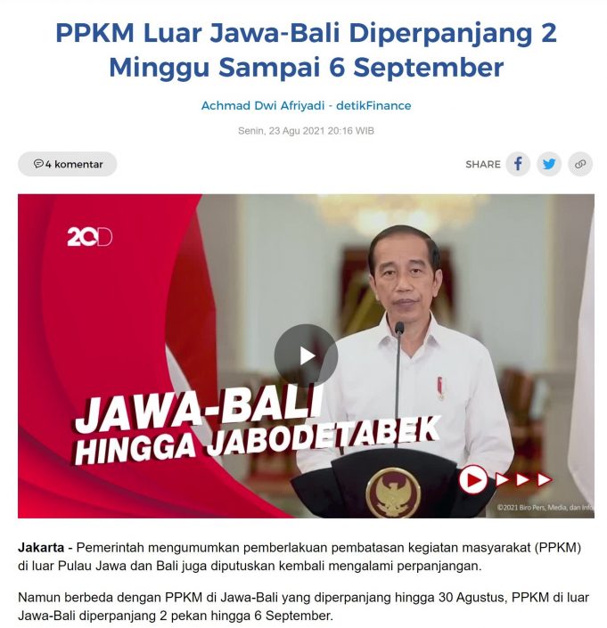 9월 6일까지 자와-발리 외 지역 PPKM 2주 연장