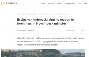 -속보- 로이터통신, 보건장관 “11월부터 외국인 인도네시아 입국 허용 계획” 단독보도