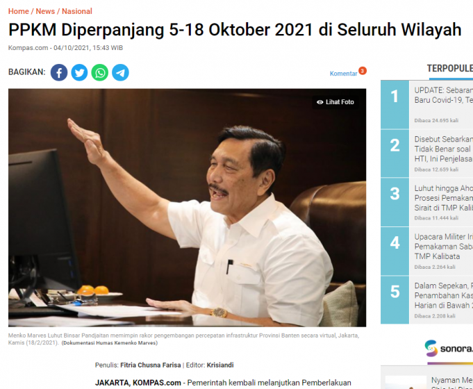 10월 5-18일까지 모든 지역에서 PPKM 또 연장… 발리개방