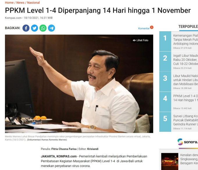 Jakarta 2단계 PPKM 확정발표… 자와-발리 지역 10월 19일부터 11월 1일까지, 자와-발리 외지역 11월 8일까지(최종)