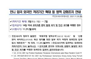인니 입국 외국인 격리기간 확대 등 방역 강화조치 안내