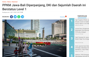 *속보* 자카르타 수도권 도시 PPKM 1단계로 낮춰… PPKM 15일까지 연장