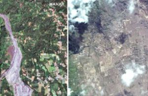 인니 화산 폭발 전과 후… 위성으로 본 회색으로 변한 마을