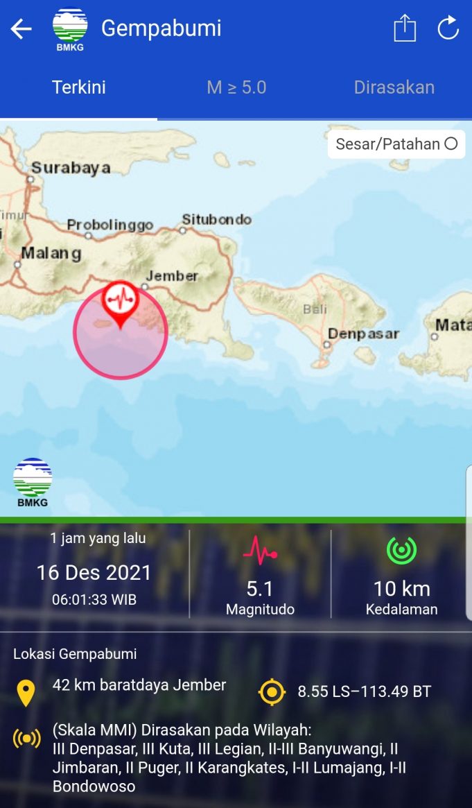 동부자와 Jember에서 5.1 규모 지진 발생