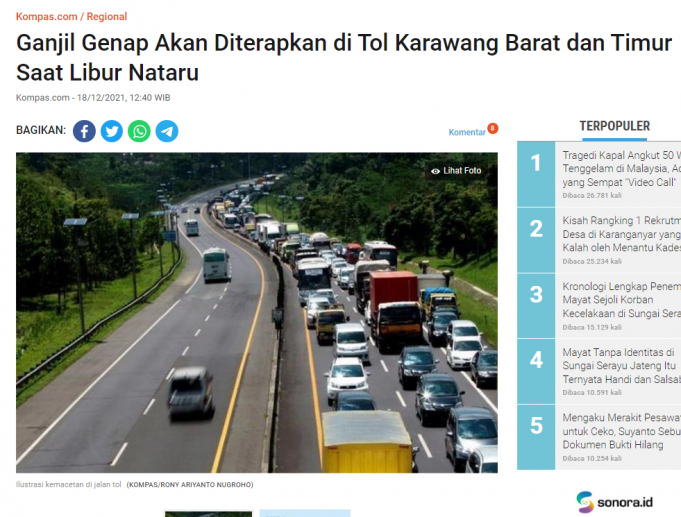 12월 23일부터 까라왕 톨 두 곳에서 홀짝제 단속