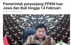 자와-발리 외 지역 PPKM 2월 1일부터 14일까지 2주 연장
