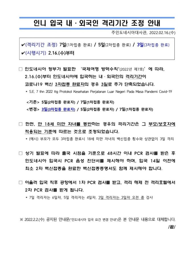 내외국인 인도네시아 입국규정 변경