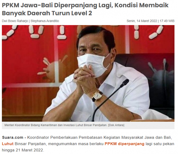 3월 21일까지 자와 발리 지역 PPKM 연장