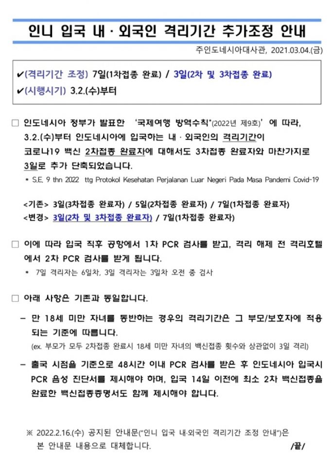 3월2일부터 인니 입국 격리기간 추가 조정(대사관)