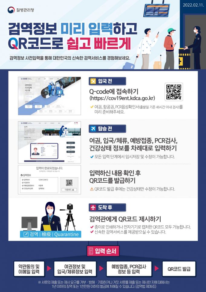 한국, 해외입국자 시범운영 항공편 대상 이용 안내문(질병청)