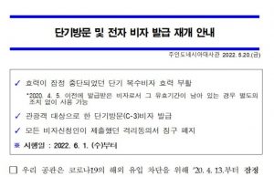 *안내* 한국, 외국인 단기 방문 및 전자비자 발급 재개(5.20.한국대사관)