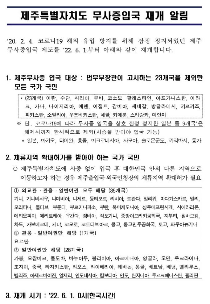 제주특별자치도 무사증입국 재개 알림