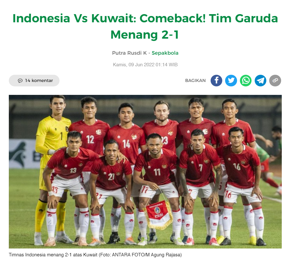 인도네시아 축구 대표팀이 2023년 아시안컵 예선 첫 A조 경기에서 쿠웨이트를 2-1로 꺾었다.