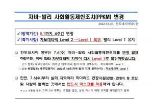 (안내) 자와-발리 사회활동제한조치(PPKM) 변경… 8.1일까지 수도권 1단계 수정 연장