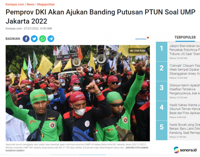 자카르타주, 2022 최저임금 패소 판결에 항소 결정