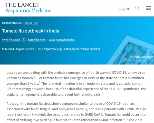 '인도 토마토 독감 발병' /란셋 호흡기 의학(Lancet Respiratory Medicine) 저널 갈무리