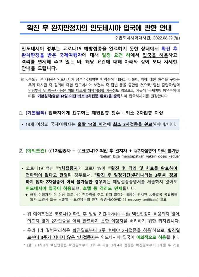 확진 후 완치판정자의 인도네시아 입국에 관한 안내(대사관 8월22일)