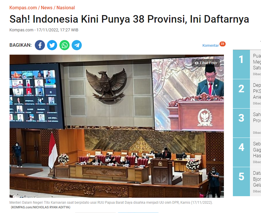 11월 17일 인도네시아 국회는 38개 주를 승인했다.