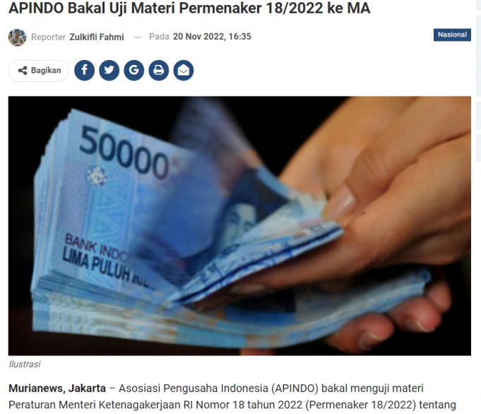 Apindo, 노동장관령 2022년 18호 반대 의사 “PP 2021년 36호 적용” 주장