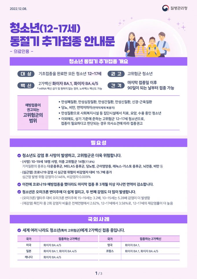 오늘부터 12∼17세도 ‘오미크론 대응’ 개량백신 접종 가능…방학 중 귀국해서 접종