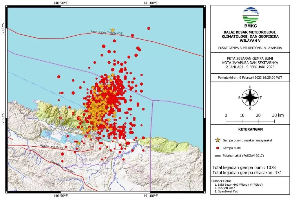 자야푸라시 연쇄 지진 발생 지도