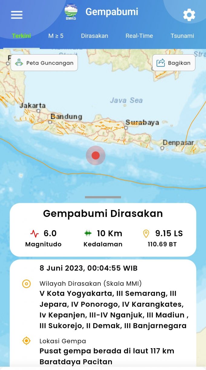 새벽에 자와섬 남쪽바다서 6.0 강진 발생…족자 흔들흔들