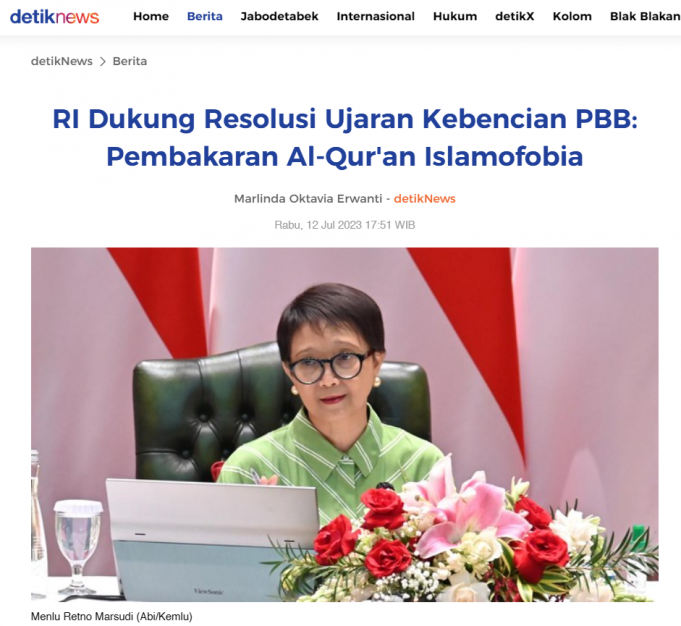 코란 소각 규탄, 레트노 외무장관, 유엔에 증오 발언 결의안 이행 촉구