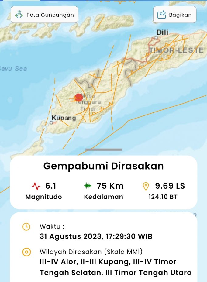 NTT 티모르섬에서 규모6.1 지진 발생