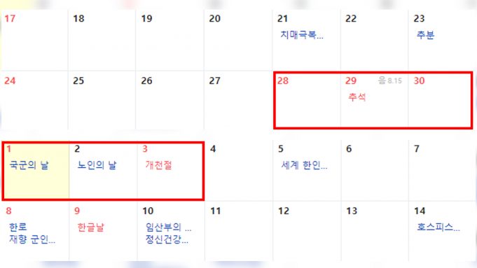 추석 포함 6일 연휴되나…한국정부, 10월 2일 임시공휴일 지정 검토