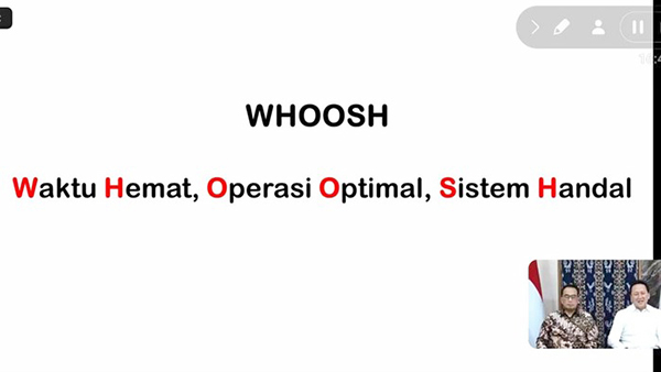 ▲교통부는 자카르타-반둥 고속열차 이름을 'Whoosh'로 확정하고 Waktu Hemat, Operasi Optimal, Sistem Handal 앞 글자를 따왔다고 의미를 설명하고 있다. 
