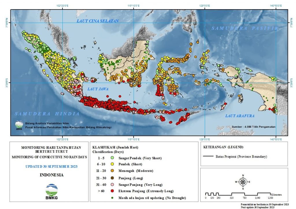 9월30일 현재 인도네시아 기상청이 발표한 전역 엘리뇨 현상 가뭄지역. 2023.9.30 한인포스트
